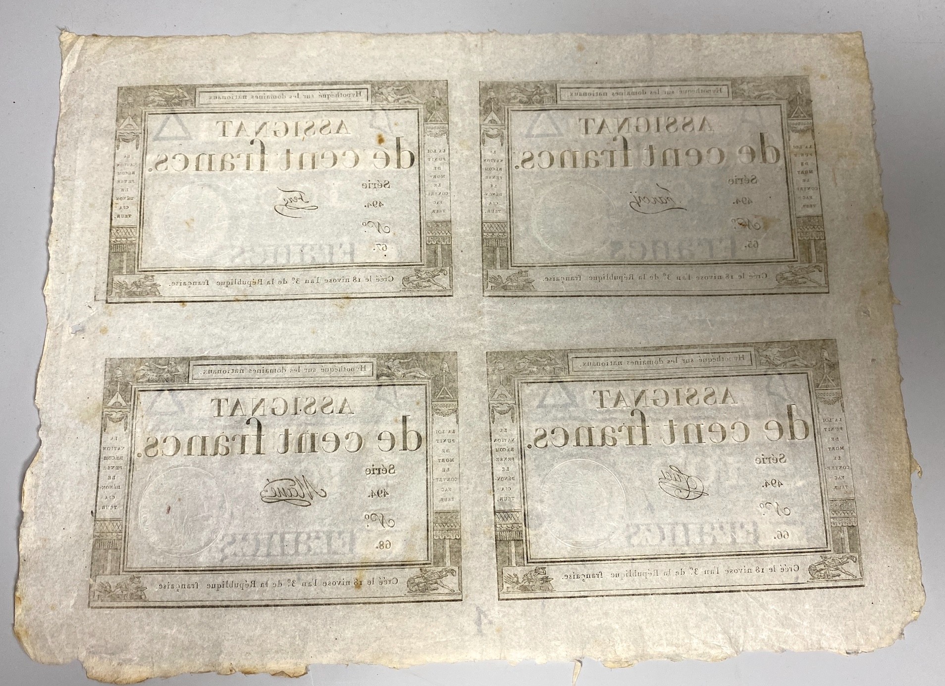 French Revolutionary banknotes, Republic Francaise, five uncut sheets of four Assignat de cent francs, 100 francs, 18 Nivose An III - 1795. (5 sheets)